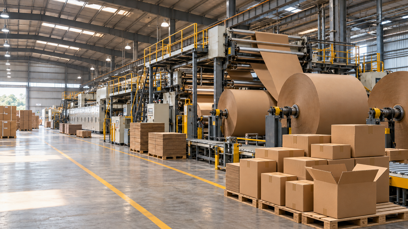 Corrugator line with kraft paper reels and finished corrugated boxes on pallets